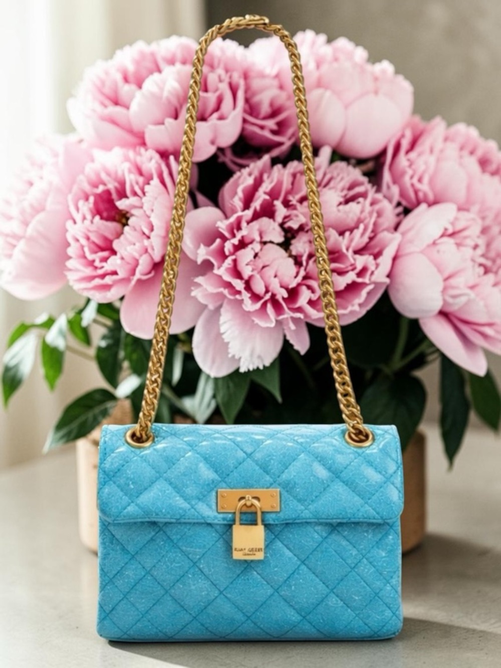 Kurt Geiger NEW Quilted Brixton Teal Luxury Crossbody with Gold Chain Strap